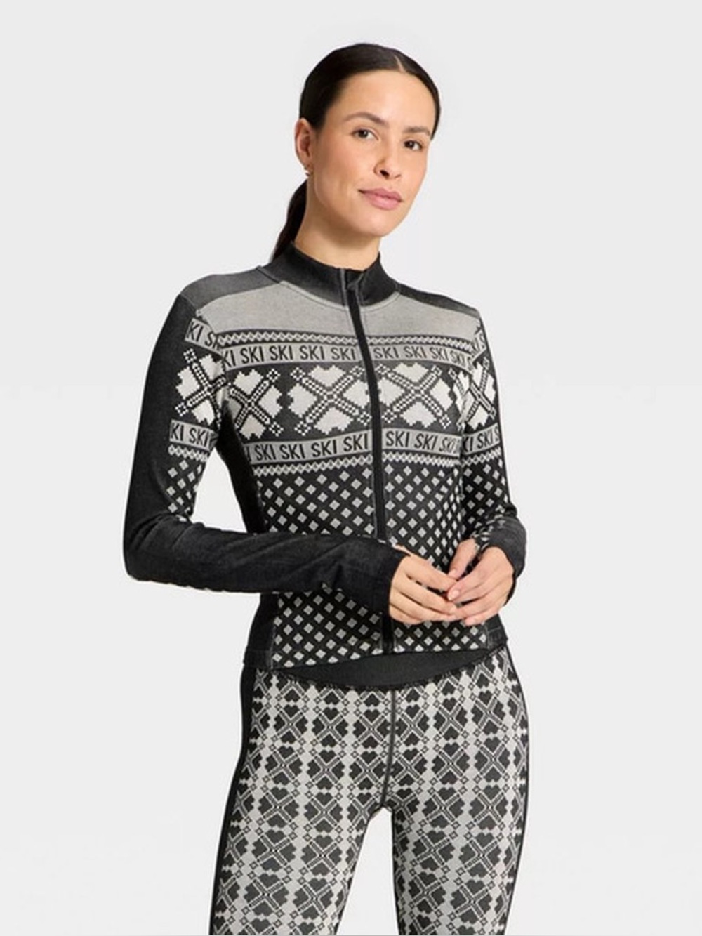 All In Motion Women's Seamless Fair Isle Printed Full Zip Jacket Black
S NWT